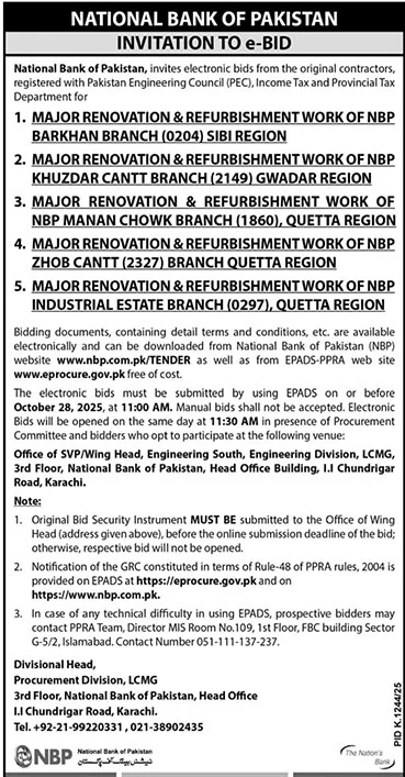 National Bank of Pakistan Karachi Tender Notice